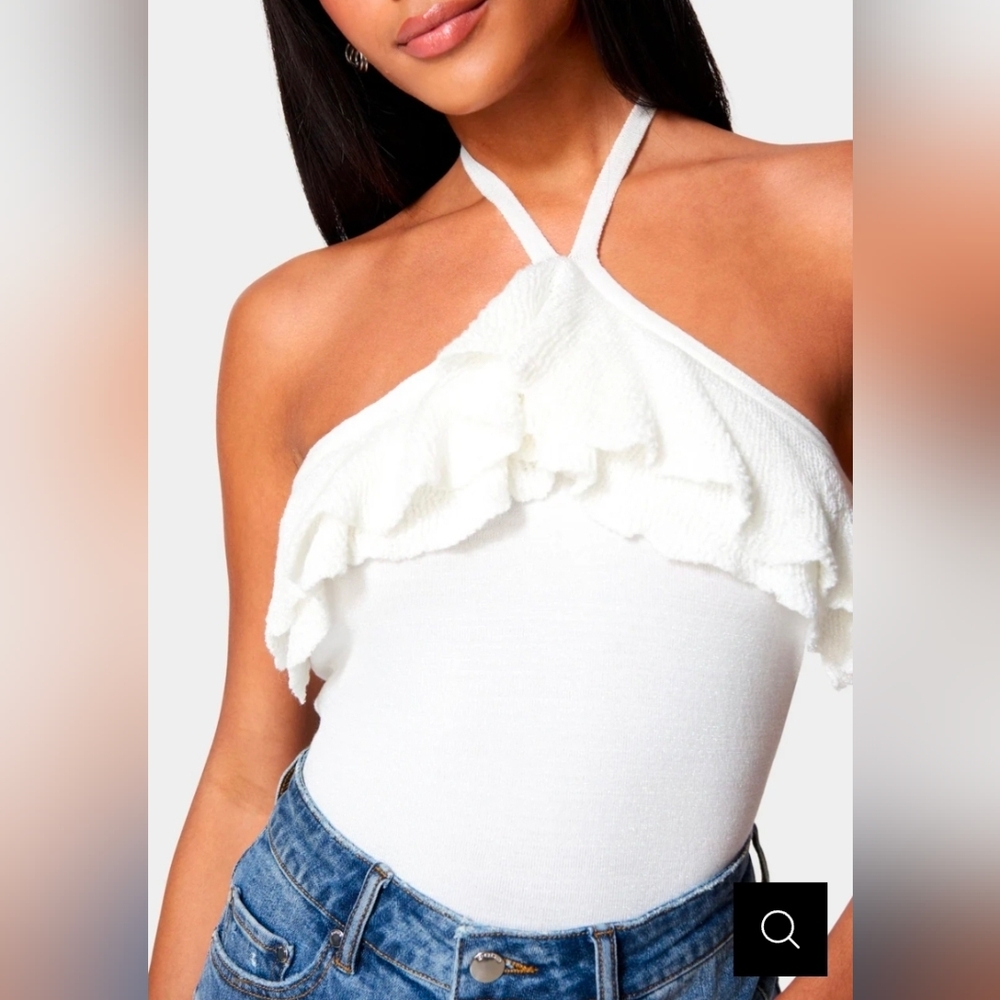 bebe White Ruffle Halter Bodysuit